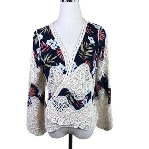 Ember Wrap Blouse Floral Crochet Lace Panel Long Sleeve Size M